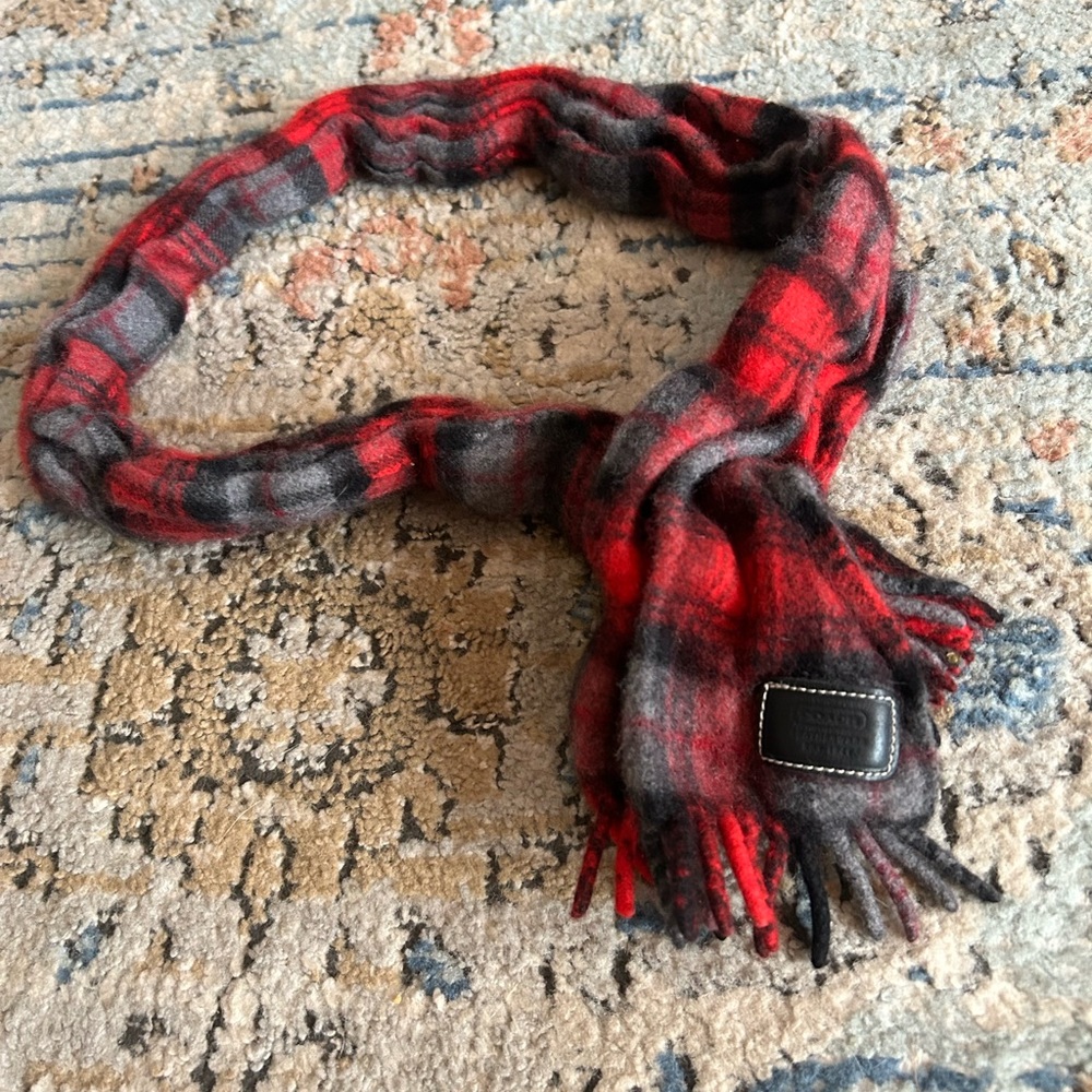 COACH Red and Gray Plaid Scarf